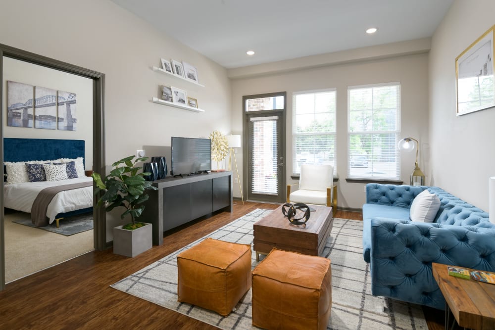 Bright living room at Bluebird Row in Chattanooga, Tennessee