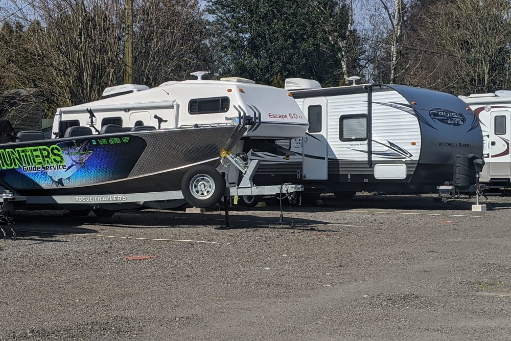 A boat and RVs stored at I-205 Mini Storage in Vancouver, Washington