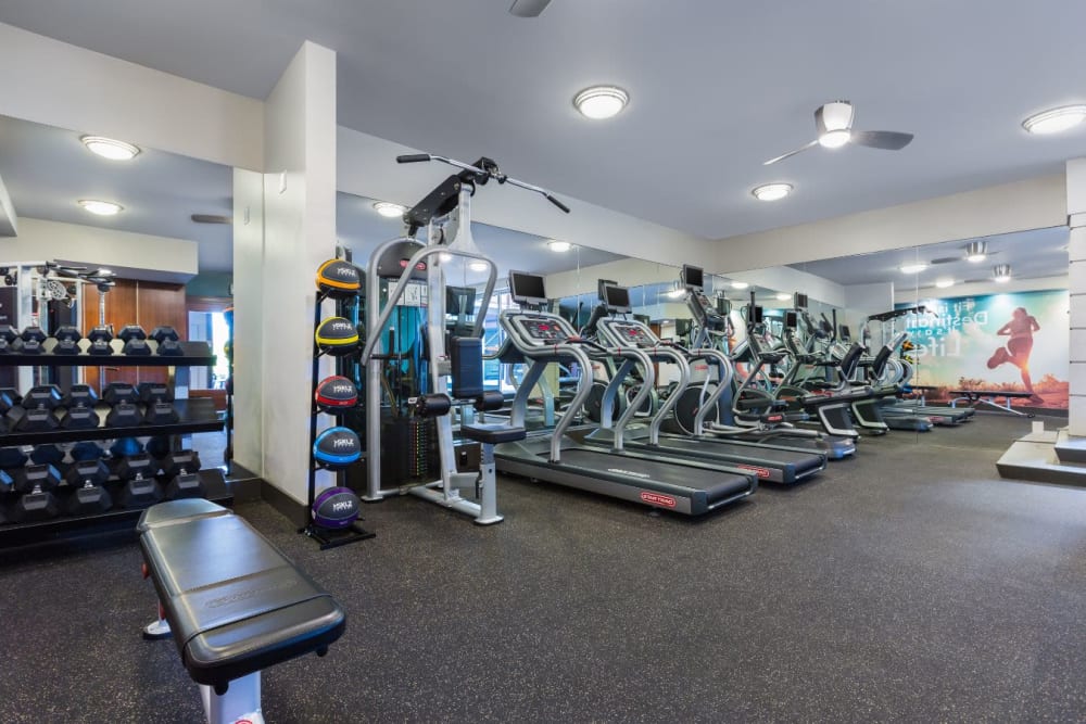 Well-equipped onsite fitness center at Sofi Belmont Glen in Belmont, California