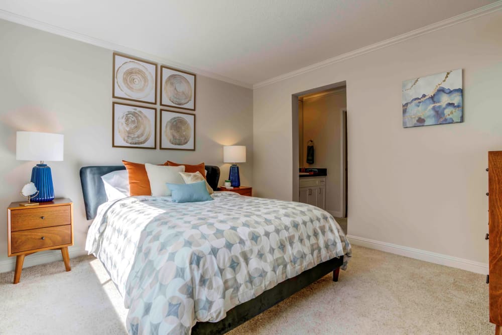 En suite bathroom in a model home's bedroom at Sofi Redwood Park in Redwood City, California