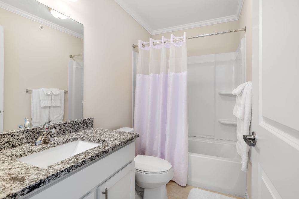 An apartment bathroom at Singh Apartments in West Bloomfield, Michigan
