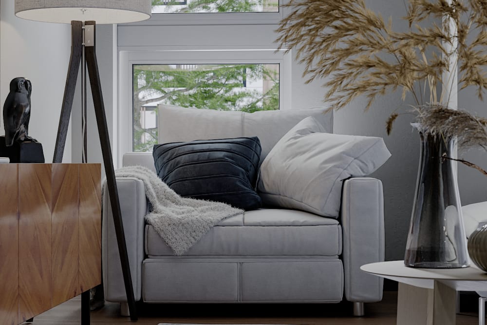 Well decorated living room at Solana Stapleton Apartments in Denver, Colorado
