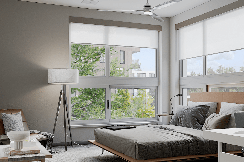 Master bedroom rendering at Solana Stapleton Apartments in Denver, Colorado