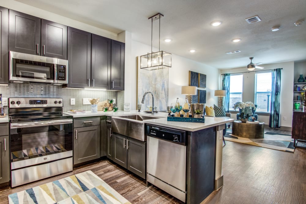 Kitchen with stainless-steel appliances at Enclave at Woodland Lakes in Conroe, Texas