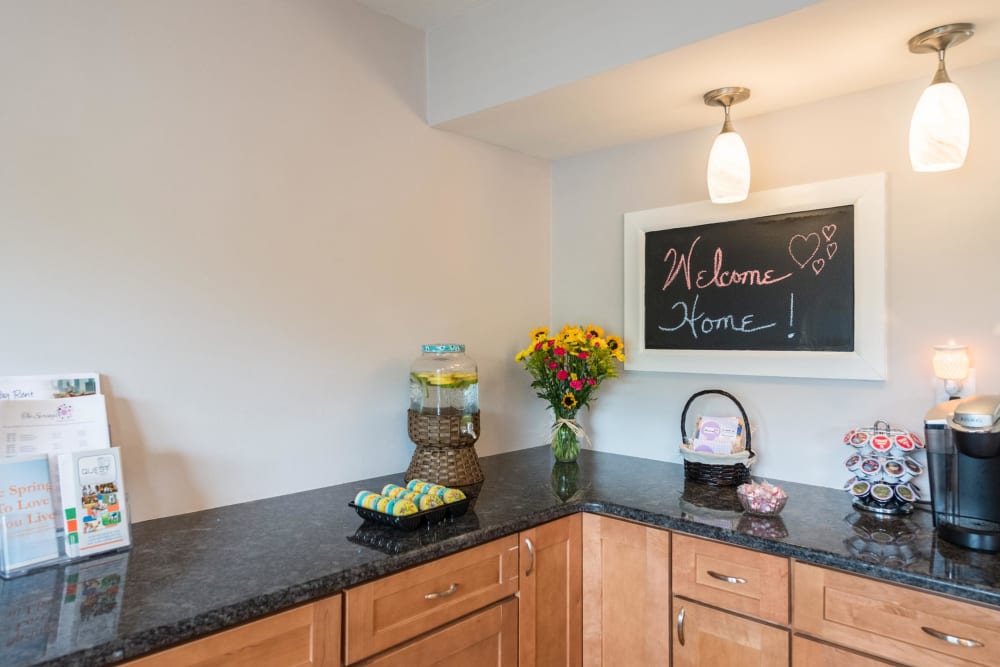 A coffee bar in the leasing office at The Springs in Parkville, Maryland