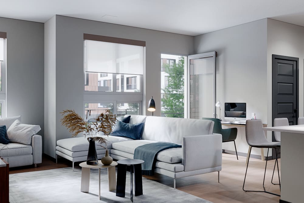 Well decorated living room at Solana Stapleton Apartments in Denver, Colorado
