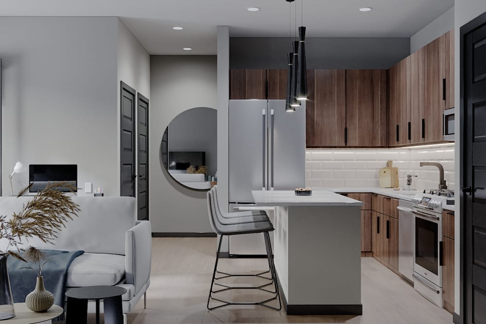 Rendering of a modern kitchen at Solana Stapleton Apartments in Denver, Colorado
