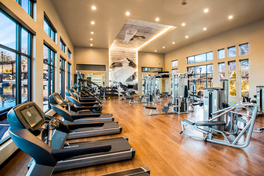 Fully equipped fitness center at Solana Stapleton Apartments in Denver, Colorado