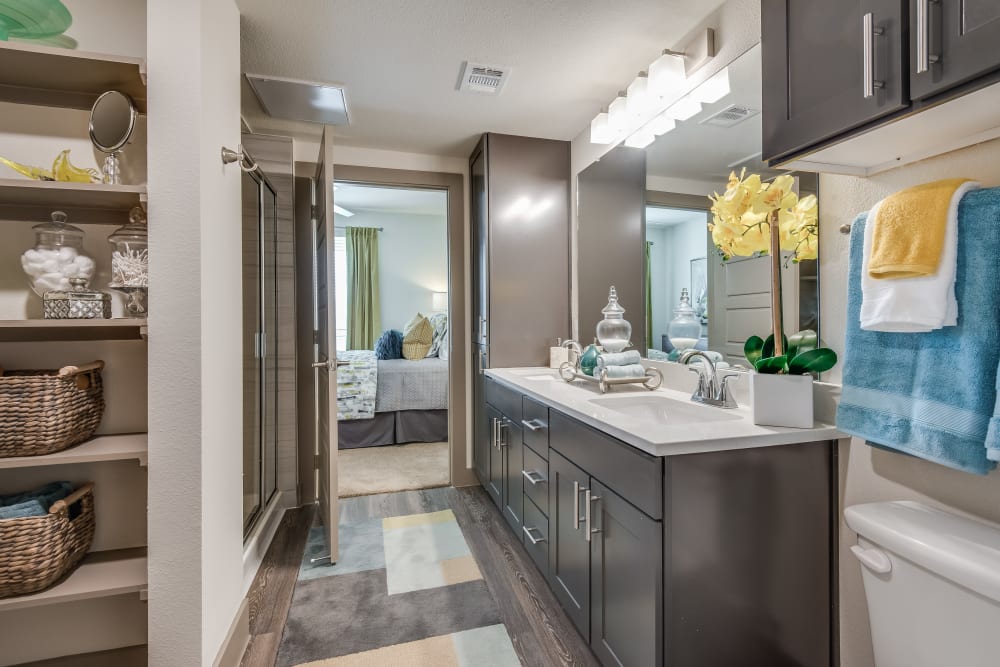 Bright, clean master bathroom at Enclave at Woodland Lakes in Conroe, Texas