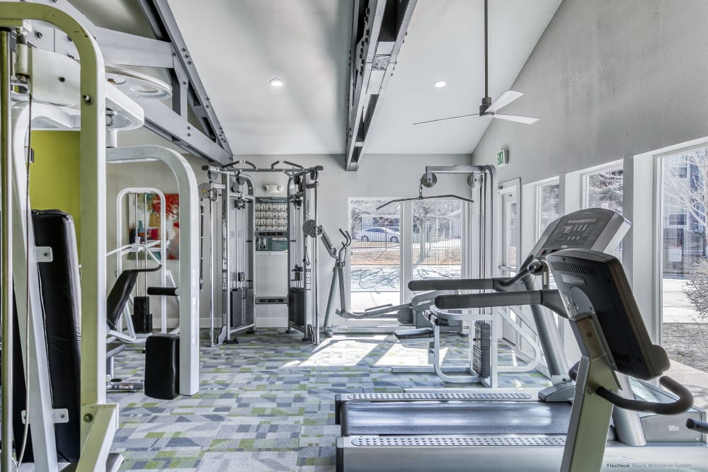 Cardio machines in the fitness center at The Lodge at McCarran Ranch Apartment Homes in Reno, Nevada