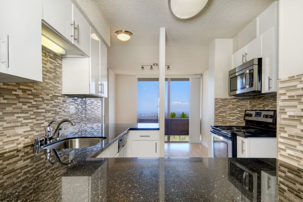 City view from kitchen at Skyline Terrace Apartments in Burlingame, California