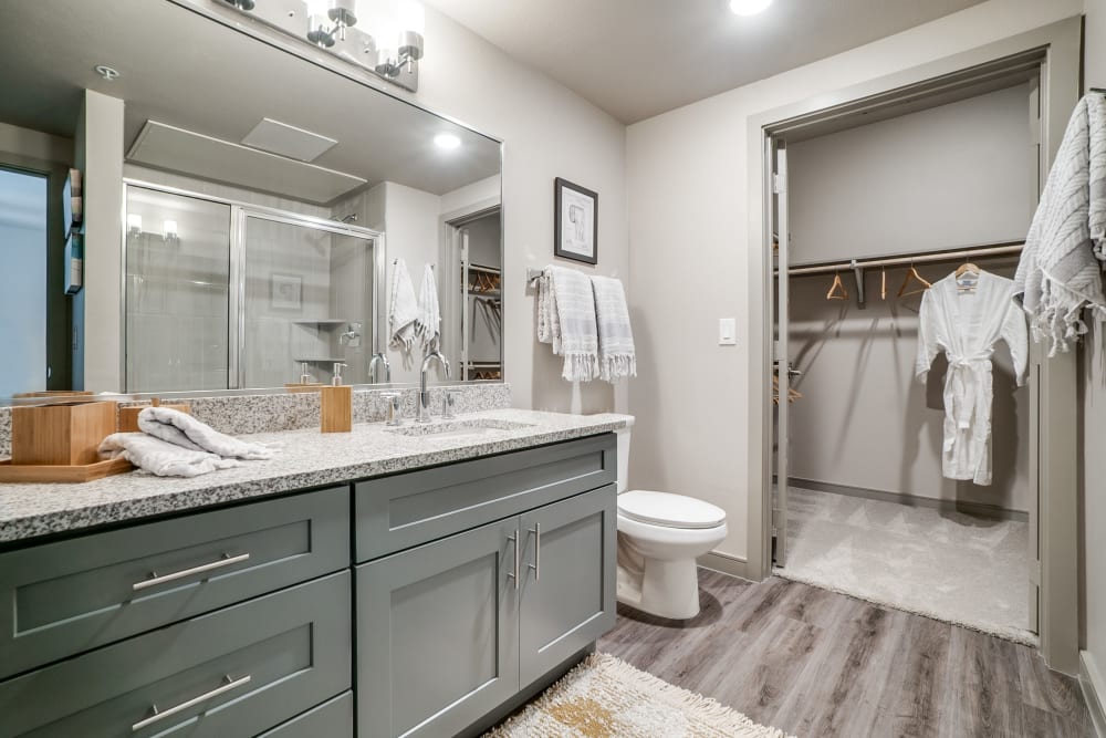 Bright, clean bathroom at One90 Firewheel in Garland, Texas