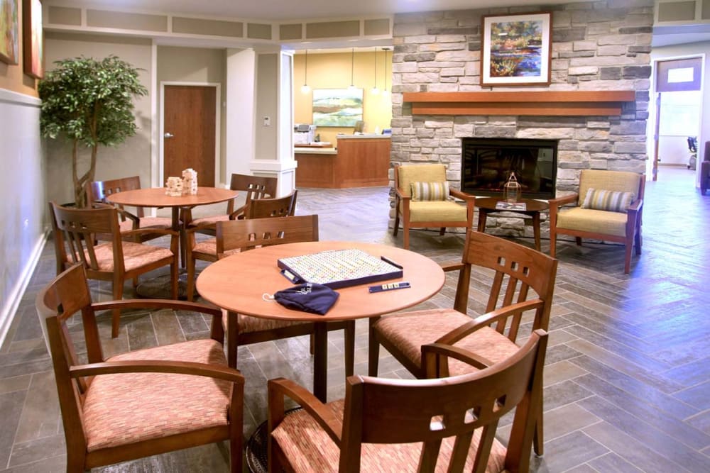 Fireside community seating at Anthology of Wheaton in Wheaton, Illinois