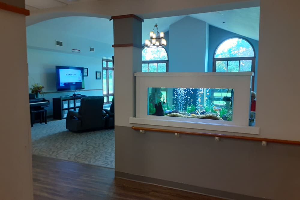 Aquarium in entry to common room at The Atrium in Rockford, Illinois.