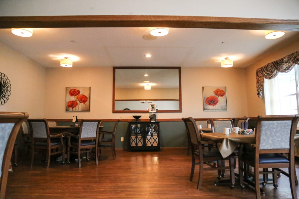 Large airy community dining room at Liberty Court in Dixon, Illinois.
