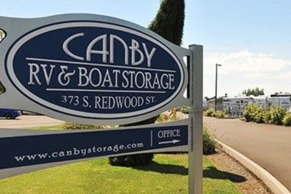 The front sign at Canby RV & Boat Storage in Canby, Oregon