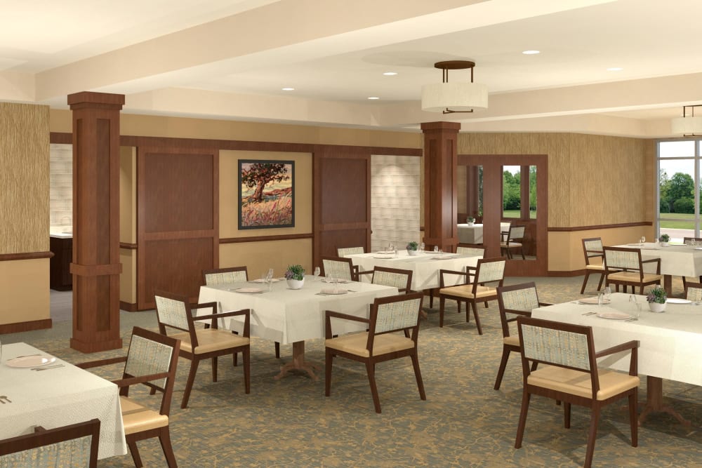 Spacious and elegant dining room at Willows Landing in Monticello, Minnesota.