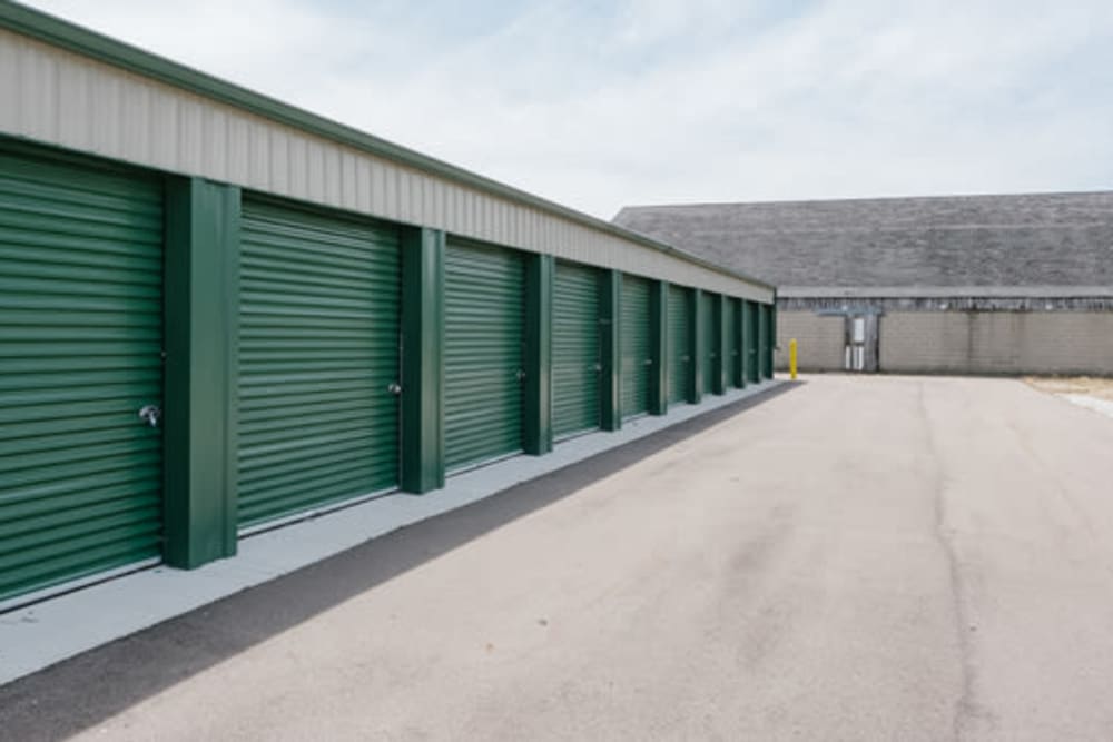 Green doors on storage units at StayLock Storage in Middlebury, Indiana