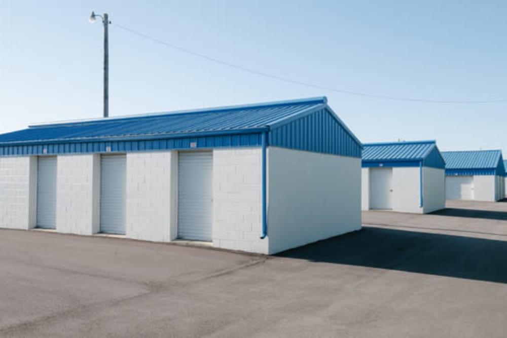 White and blue exterior storage units at StayLock Storage in Frankfort, Indiana