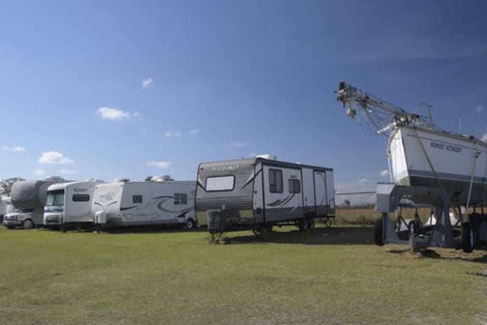 RVs and boats parked for storage at StayLock Storage in Valdosta, Georgia