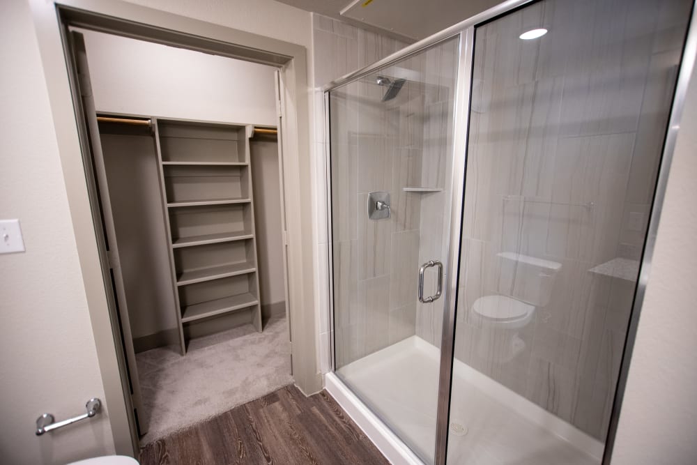 Standing glass shower at Three77 Park in Fort Worth, Texas