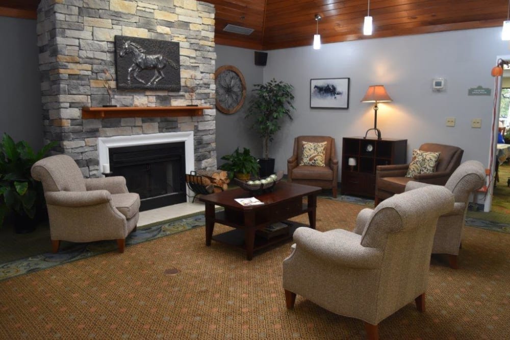 Community room with fireplace at Willow Creek Senior Living in Elizabethtown, Kentucky.