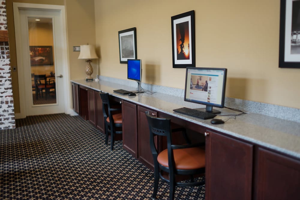 Small computer cafe for residents at The Claiborne at Hattiesburg Assisted Living in Hattiesburg, Mississippi
