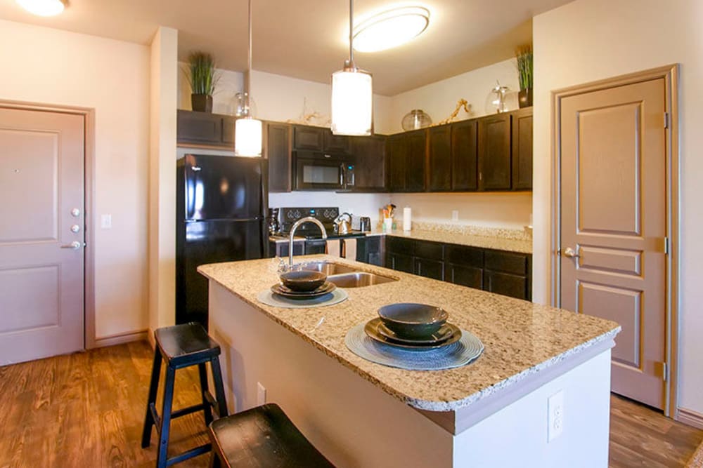 Gourmet kitchen with sleek black appliances in a model home's kitchen at Anatole on Briarwood in Midland, Texas