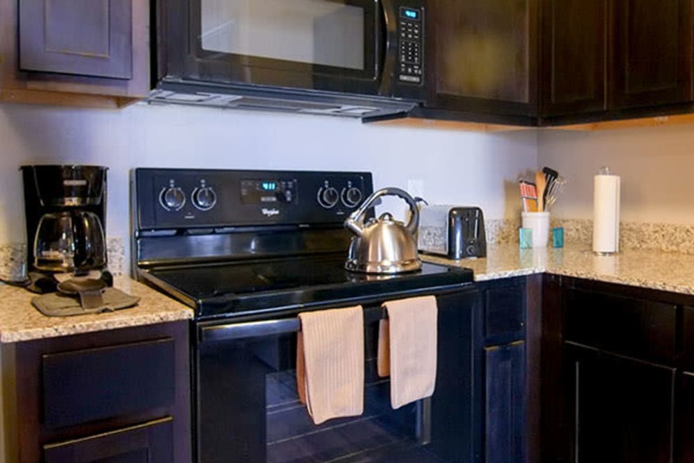 Black appliances and dark wood cabinetry in a model home's kitchen at Anatole on Briarwood in Midland, Texas