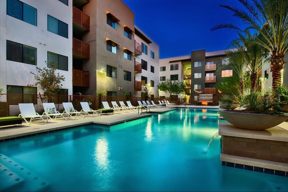 Pool area in the evening at Cactus Forty-2 in Phoenix, Arizona