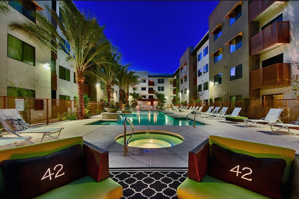 Spa near the pool at night at Cactus Forty-2 in Phoenix, Arizona