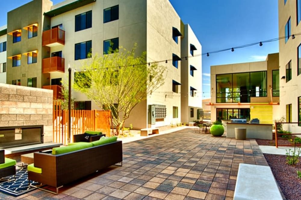 Fire pit area in the courtyard in the afternoon at Cactus Forty-2 in Phoenix, Arizona