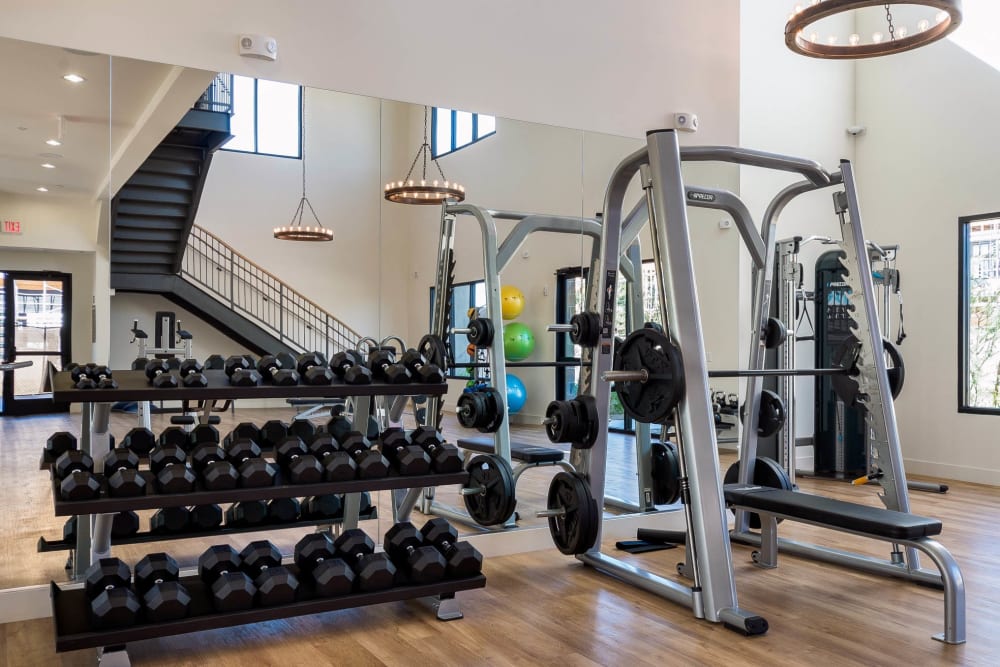 Plenty of free weights to choose from in the onsite fitness center at Cadia Crossing in Gilbert, Arizona