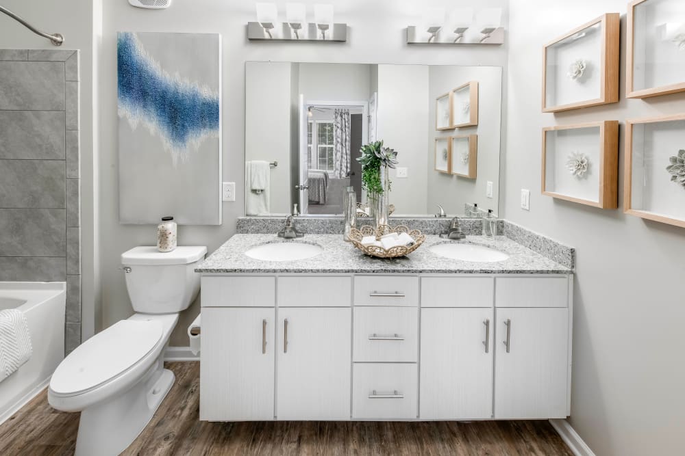 Dual sinks and ample drawer and cupboard space in a model home's bathroom at Canopy at Citrus Park in Tampa, Florida