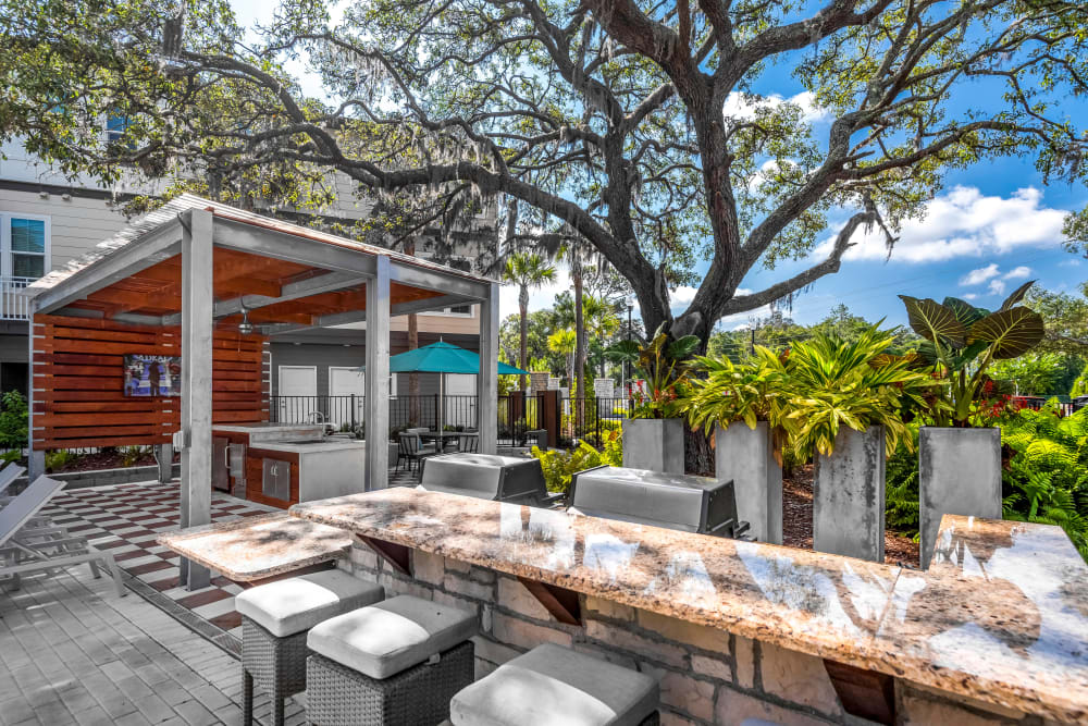 Bar seating at the barbecue area at Canopy at Citrus Park in Tampa, Florida