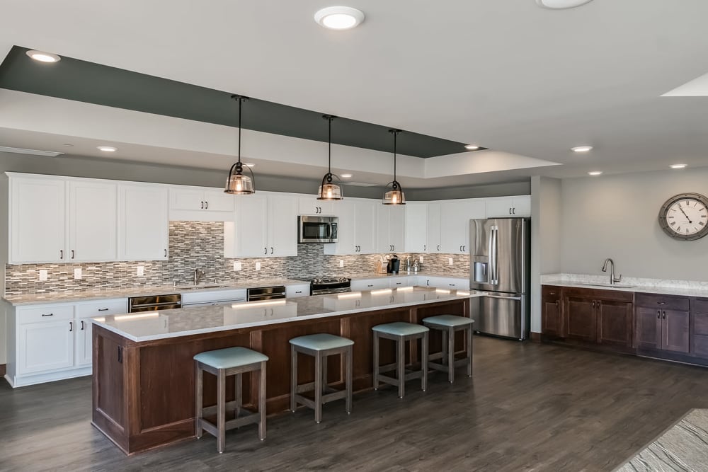 A casual resident kitchen at Applewood Pointe of Maple Grove at Arbor Lakes in Maple Grove, Minnesota. 