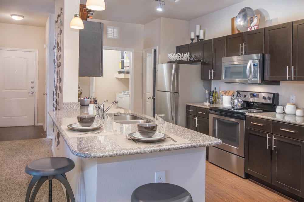 Stainless-steel appliances and an island in the gourmet kitchen of a model apartment at Carrington Oaks in Buda, Texas