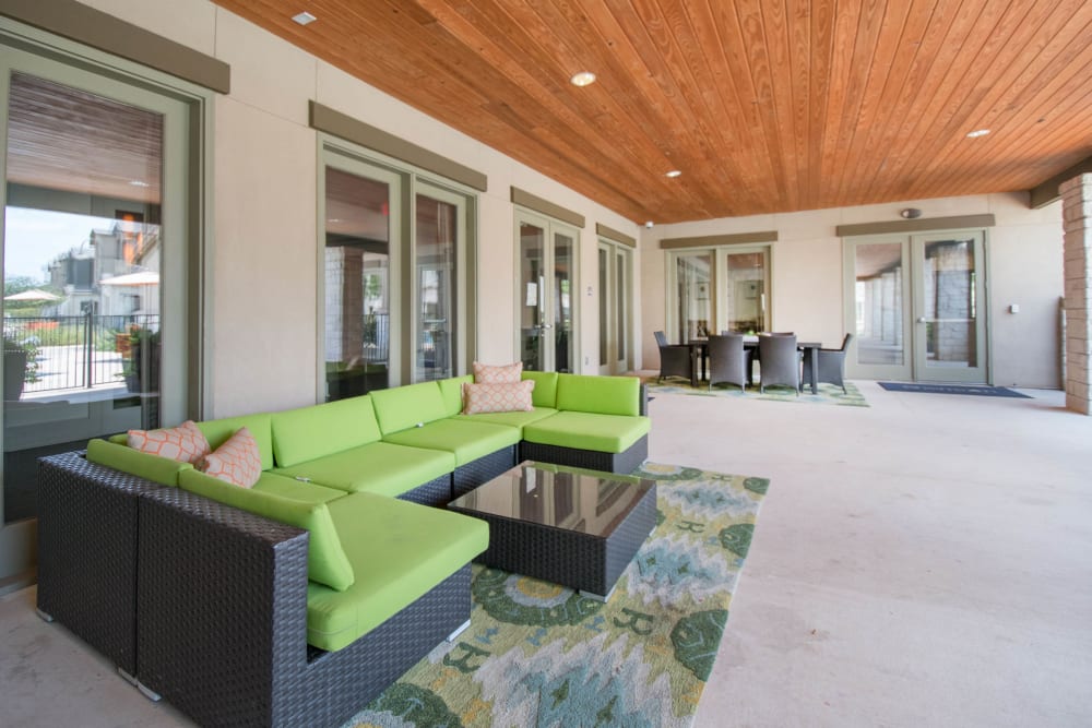 Covered lounge outside the clubhouse at Carrington Oaks in Buda, Texas