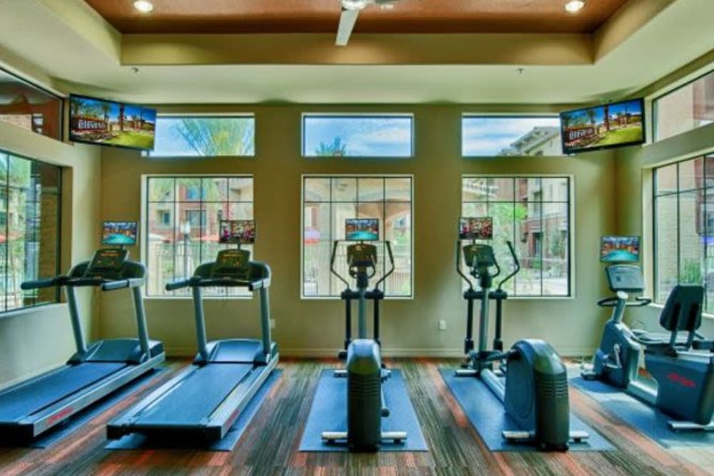 Plenty of cardio equipment in the onsite fitness center at Elevation Chandler in Chandler, Arizona
