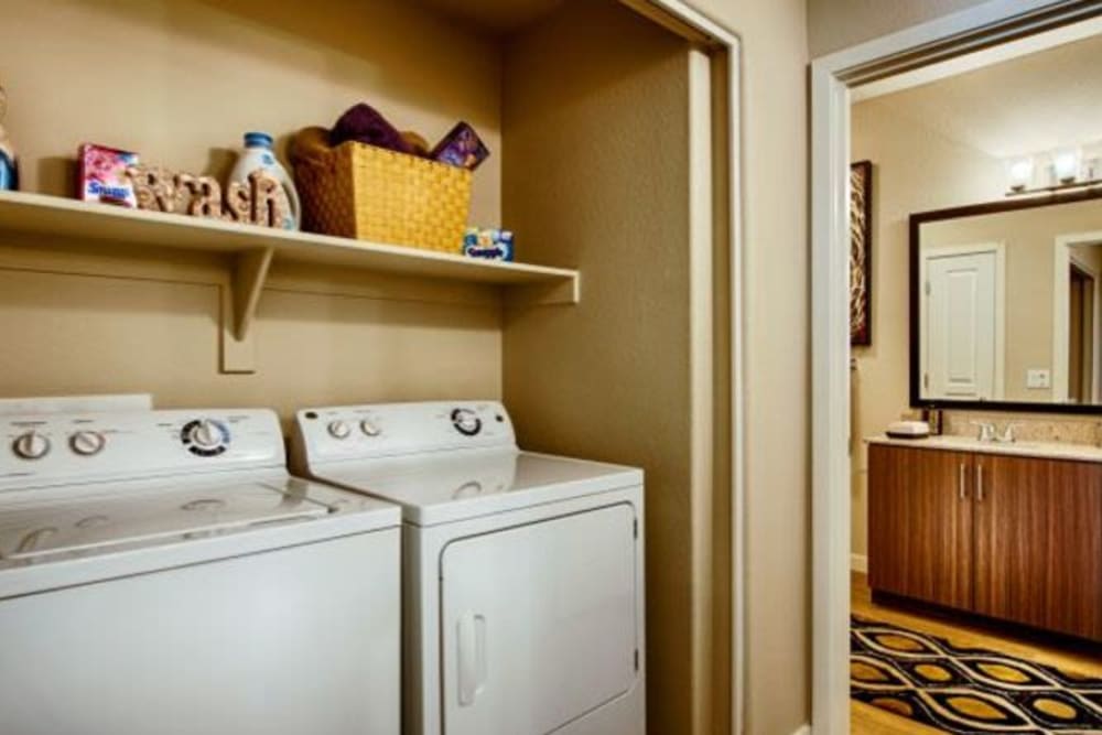 Full-size in-home washer and dryer in a model apartment at Elevation Chandler in Chandler, Arizona