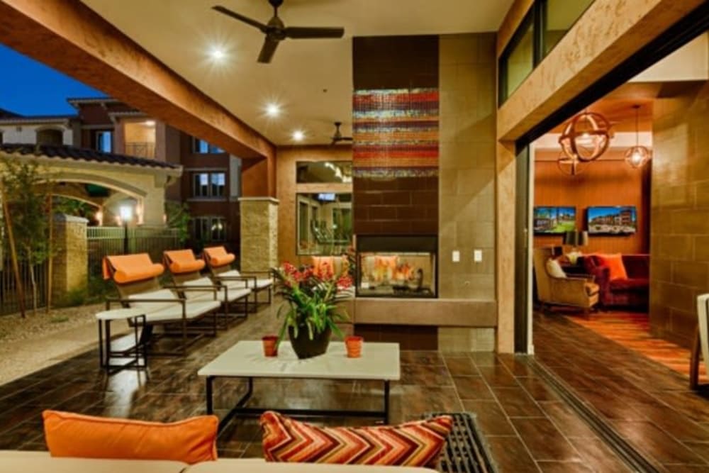 Open-air lounge area at dusk at Elevation Chandler in Chandler, Arizona