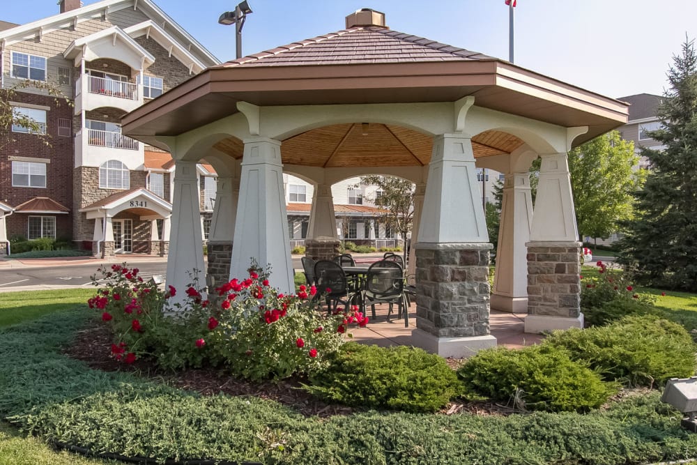 A gazebo surrounded by plants at Applewood Pointe of Bloomington in Bloomington, Minnesota. 