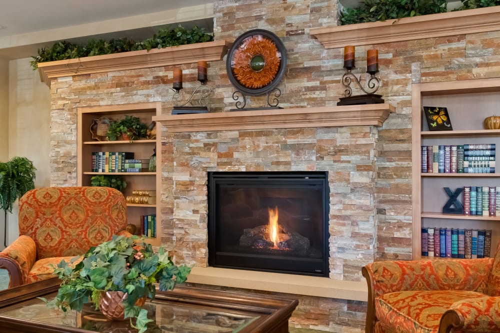 A fireplace at Applewood Pointe of Bloomington at Southtown in Bloomington, Minnesota. 