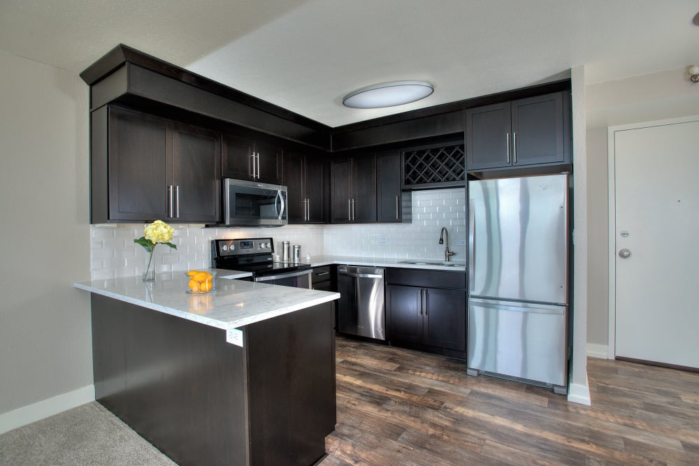 Kitchen with plenty of counter-space at Harrison Tower in Portland, Oregon