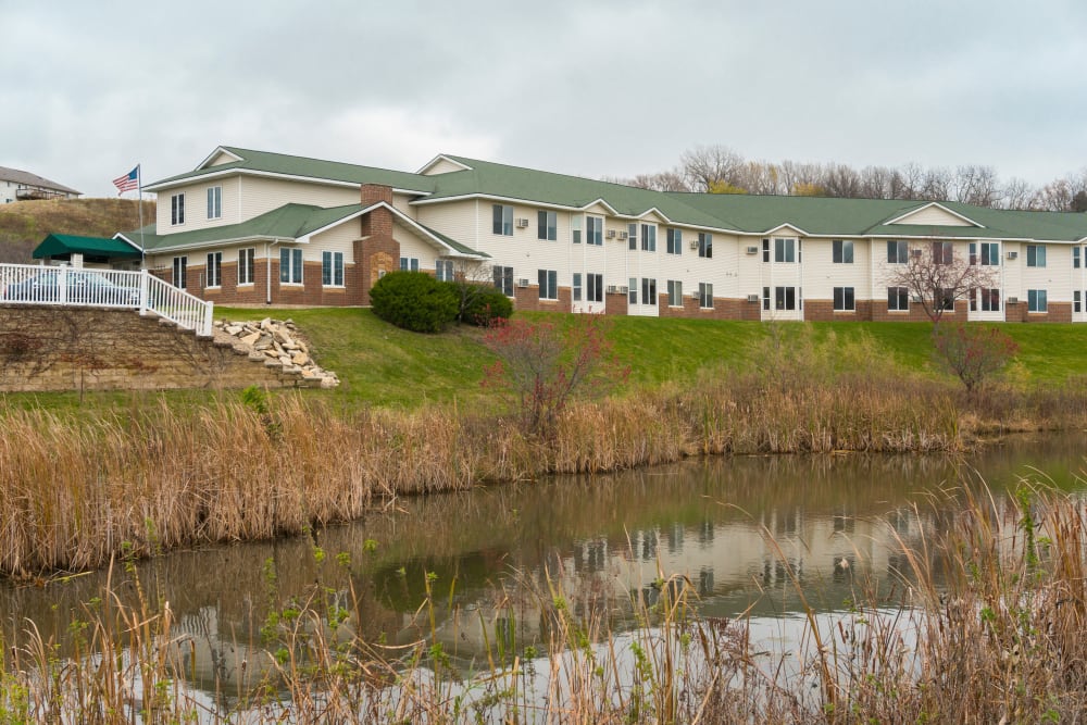 Apartments overlook a lake at Meadow Lakes Senior Living in Rochester, Minnesota.