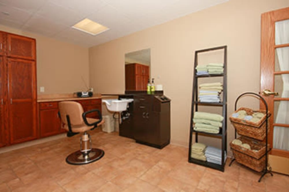 Styling station in hair salon at Milestone Senior Living Faribault in Faribault, Minnesota.