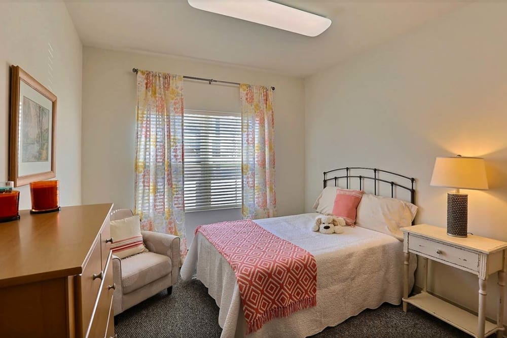 Private resident bedroom at Milestone Senior Living Stoughton in Stoughton, Wisconsin.