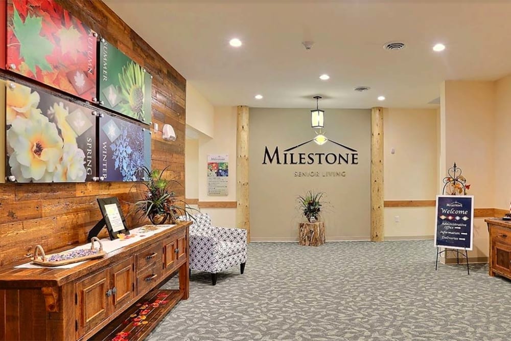Main lobby with artwork at Milestone Senior Living Tomahawk in Tomahawk, Wisconsin.