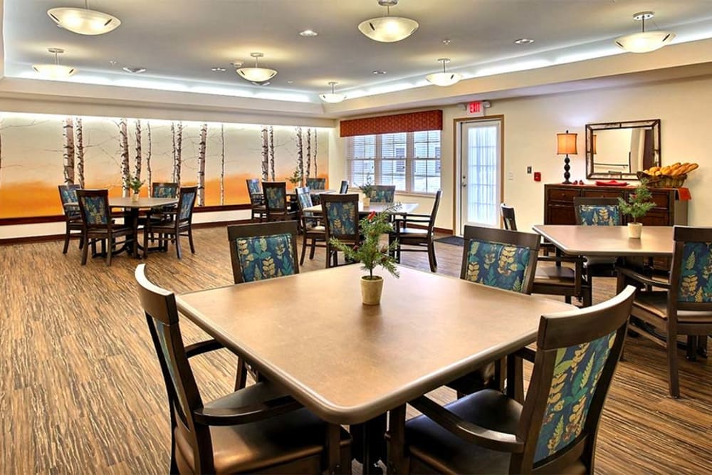 Spacious resident dining room at Milestone Senior Living Woodruff in Woodruff, Wisconsin.
