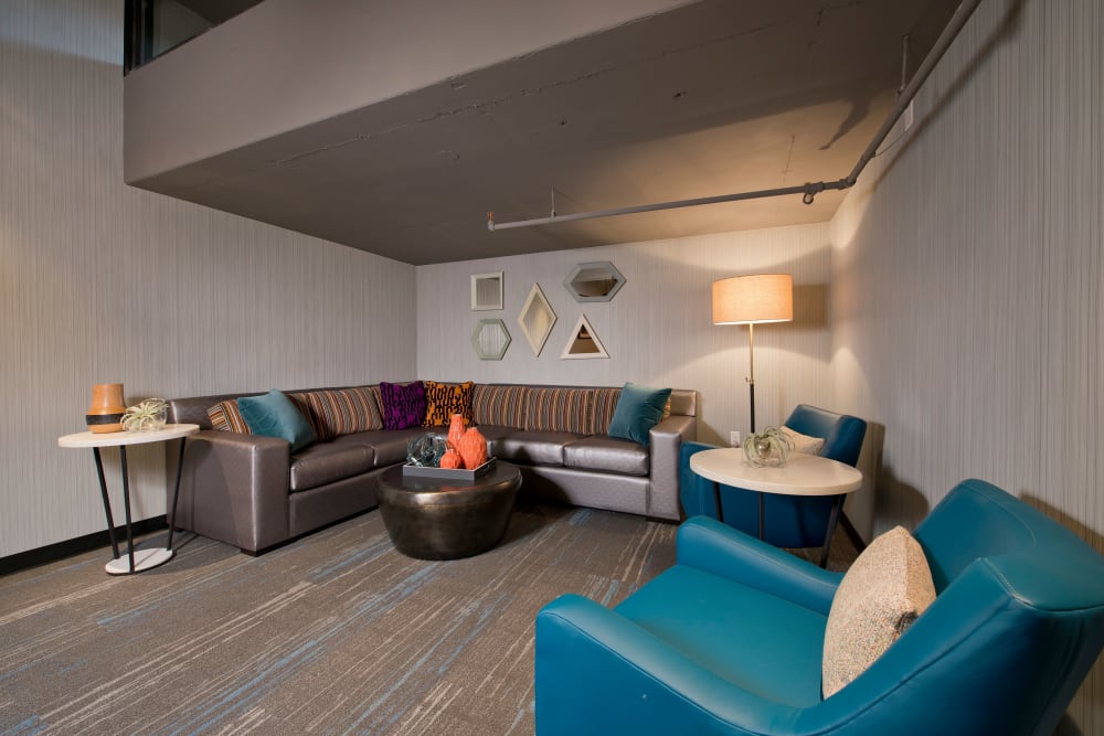 Resident lounge in the lobby at Harrison Tower in Portland, Oregon